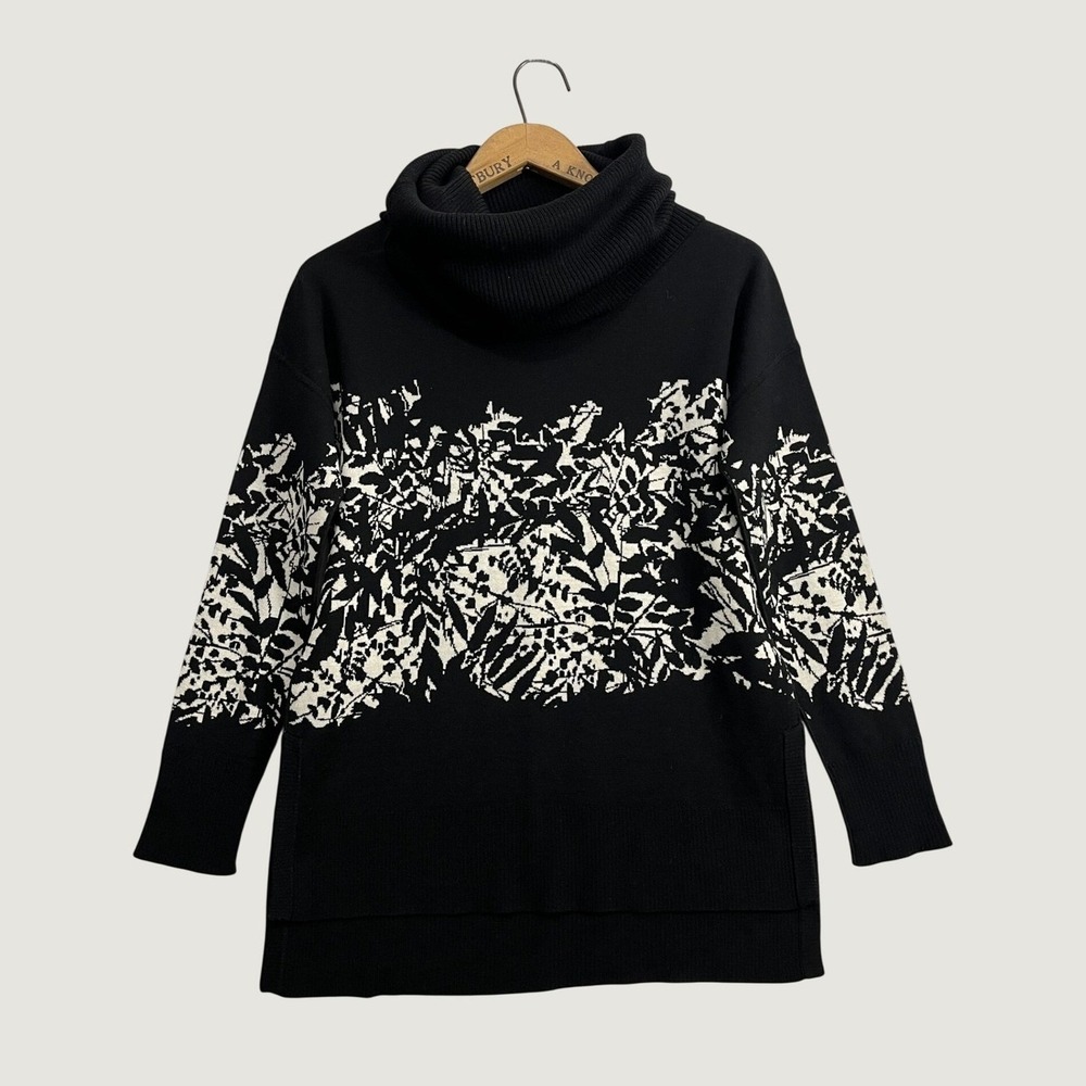 Diane von Furstenberg DVF Black White Merino Wool Floral Cowl Neck Sweater S